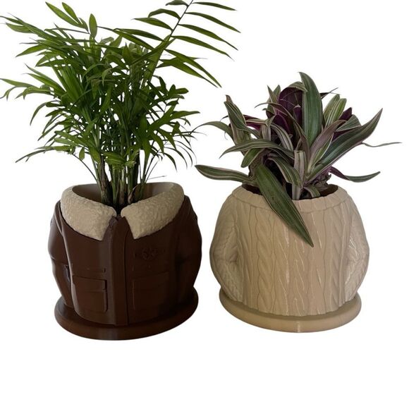 Cozy Duo: Cable Sweater & Aviator Jacket Planter Set - Perfect Grandma & Grandpa - Picture 7 of 14